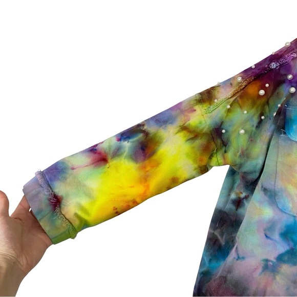 Handmade Tie Dye Jean Jacket Shacket Womens Size Large XL Upcycled Pearl Pockets - Picture 3 of 14